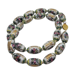 Vintage Chinese Import Porcelain Bead Necklace Hand Painted Gold Clasp Floral